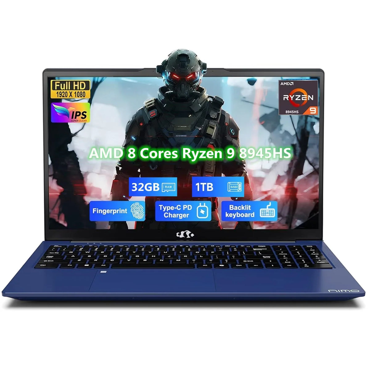 17.3" FHD Gaming Laptop, AMD Ryzen 9 8945HS 8 Cores, 32GB RAM 1TB SSD, Radeon 780M, PD 100W Type-C, Backlit Keyboard Fingerprint, Blue Y86694