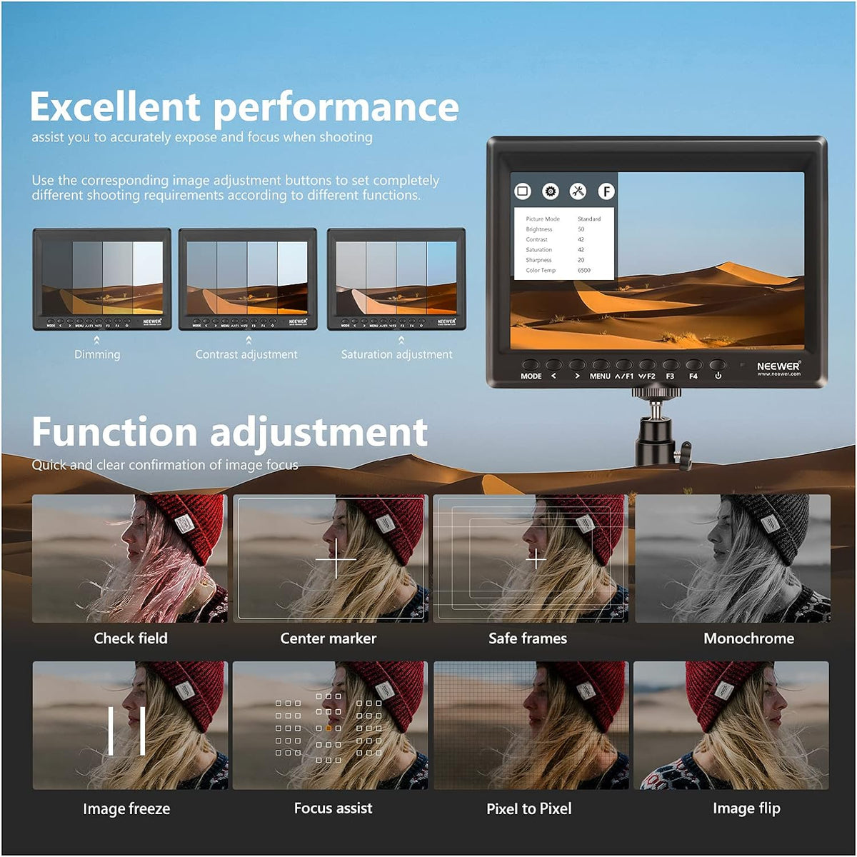 7inch Camera Field Monitor HD IPS 1280x800 4K HDMI with Sunshade and Ball Head O12648