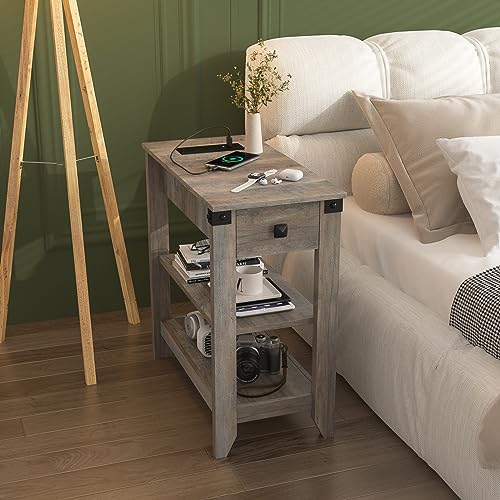 Set of 2 Narrow Side Table with Charging Station and Storage Drawer Rustic Grey N7894