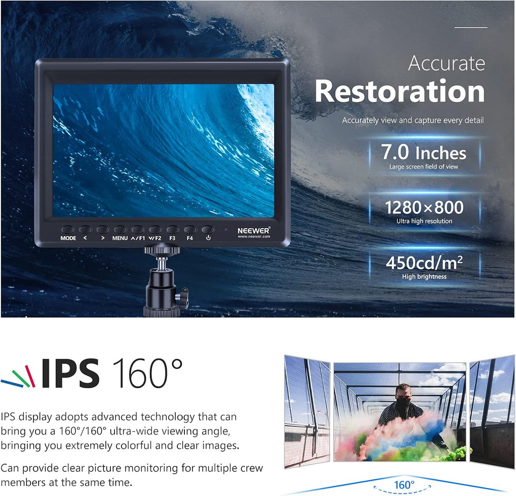 7inch Camera Field Monitor HD IPS 1280x800 4K HDMI with Sunshade and Ball Head O12648