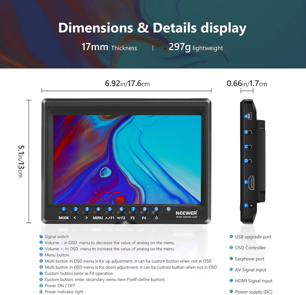 7inch Camera Field Monitor HD IPS 1280x800 4K HDMI with Sunshade and Ball Head O12648