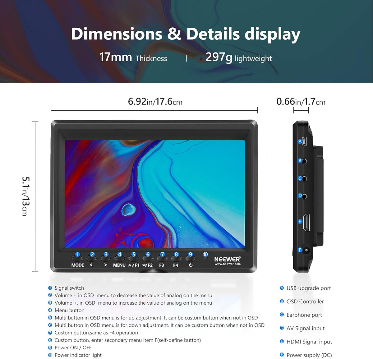7inch Camera Field Monitor HD IPS 1280x800 4K HDMI with Sunshade and Ball Head O12648