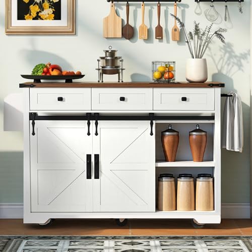 White Farmhouse Kitchen Island with Power Outlet, 2 Sliding Barn Door Storage, Drop Leaf, 3 Drawers, Rolling Cart on Wheels I278445