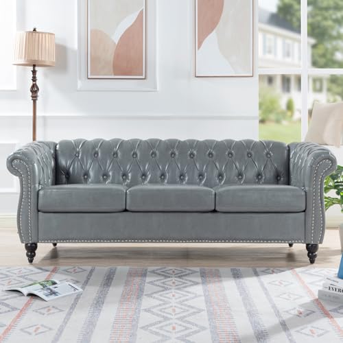 Orange 3 Seater PU Chesterfield Couch with Wooden Legs E38983