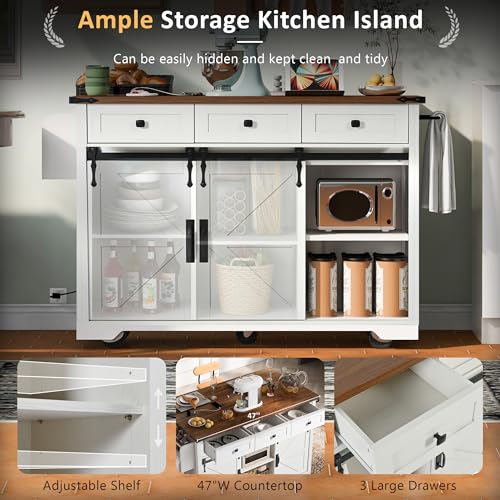 White Farmhouse Kitchen Island with Power Outlet, 2 Sliding Barn Door Storage, Drop Leaf, 3 Drawers, Rolling Cart on Wheels I278445