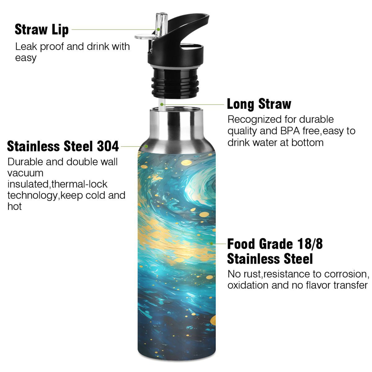 Blue and Golden Stainless Steel Insulated Water Bottle with Straw Lid B691