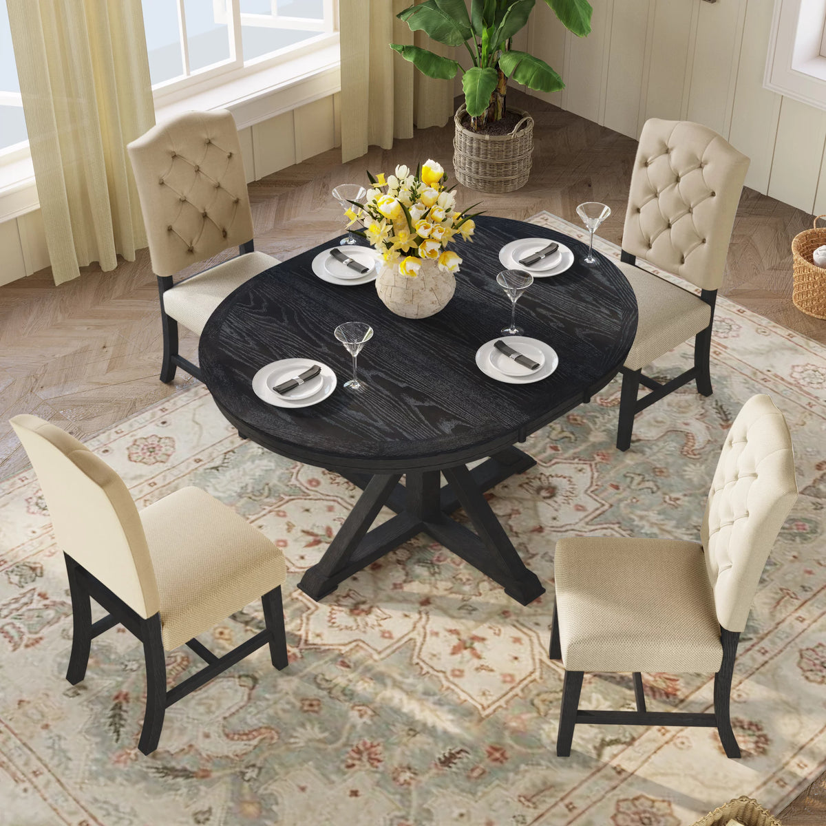 5 Piece Espresso Round Wood Dining Table Set with 4 Upholstered Chairs Y500225