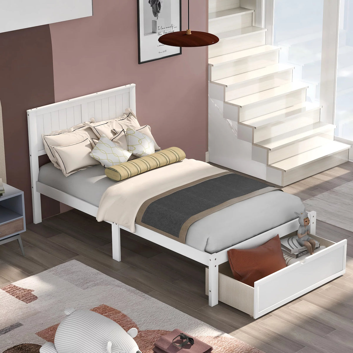 White Twin Wood Platform Bed with Headboard and Storage Drawer X383548