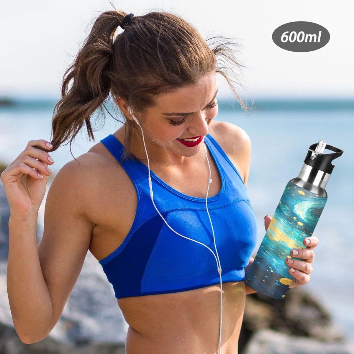 Blue and Golden Stainless Steel Insulated Water Bottle with Straw Lid B691