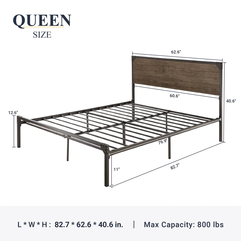 Queen Size Brown Metal Platform Bed Frame with Wooden Headboard B899