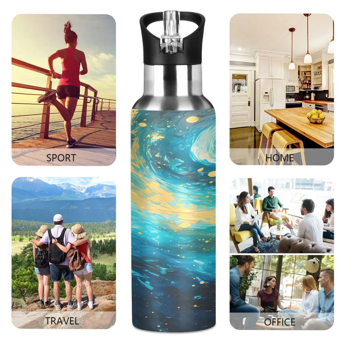 Blue and Golden Stainless Steel Insulated Water Bottle with Straw Lid B691