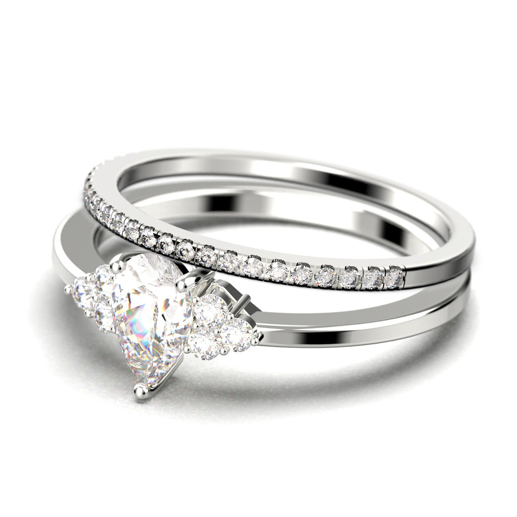 Pear Cut Moissanite Engagement Ring in 10k Solid White Gold Bridal Set C4921