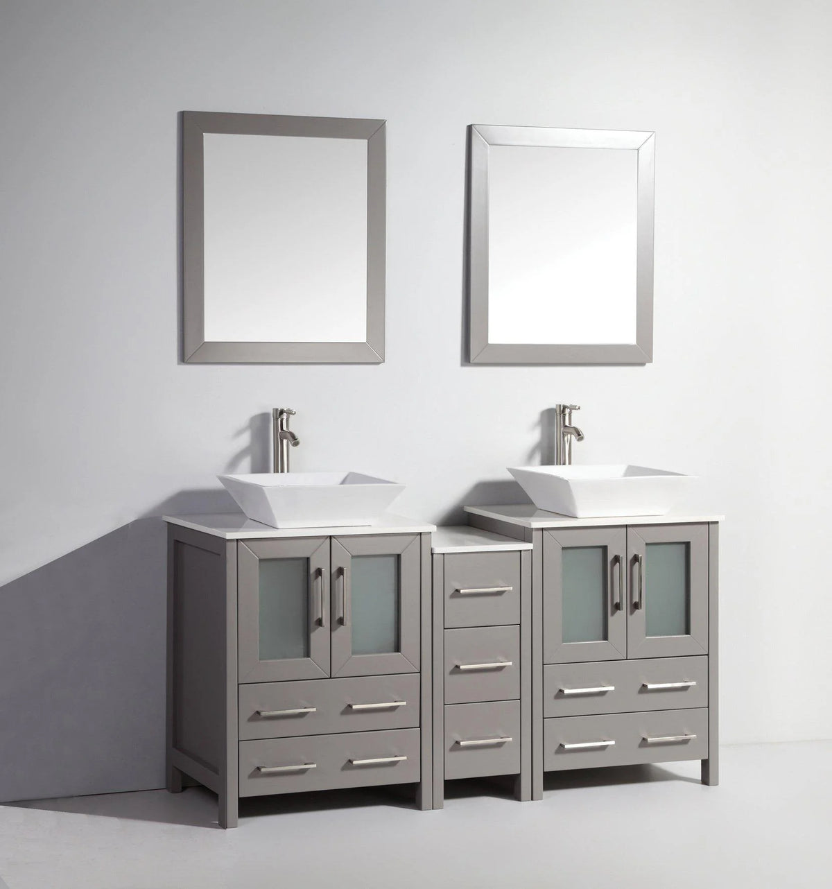 60 in. Grey Double Sink Vanity Cabinet with Ceramic Vessel Sink & Mirror A156