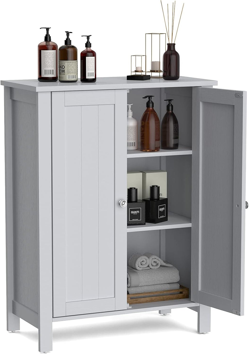 White Wooden Bathroom Floor Cabinet with 3-Tier Adjustable Shelf and Double Doors H318402