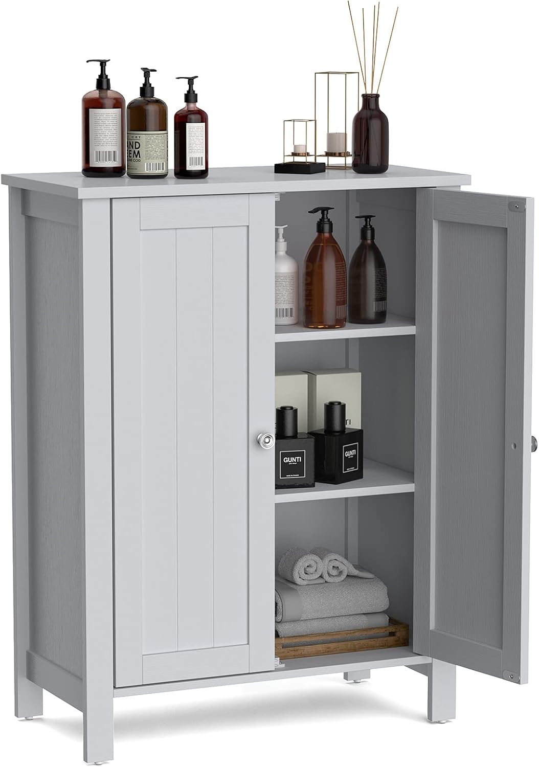 White Wooden Bathroom Floor Cabinet with 3-Tier Adjustable Shelf and Double Doors H318402