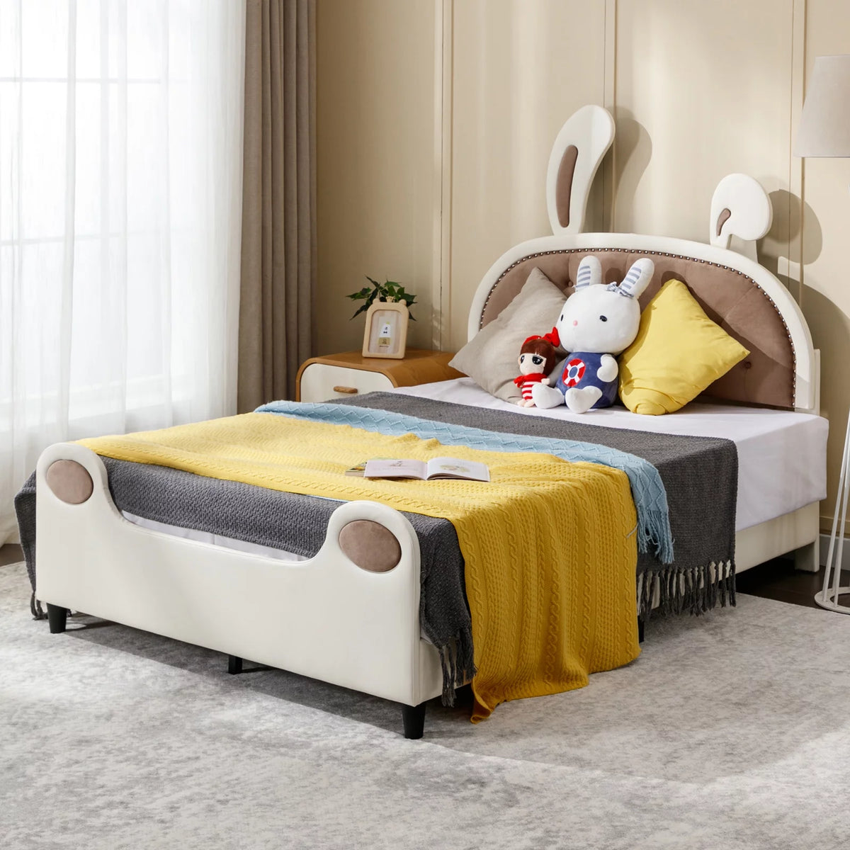 Twin Size Upholstered Platform Bed with Rabbit Ears Headboard L103417