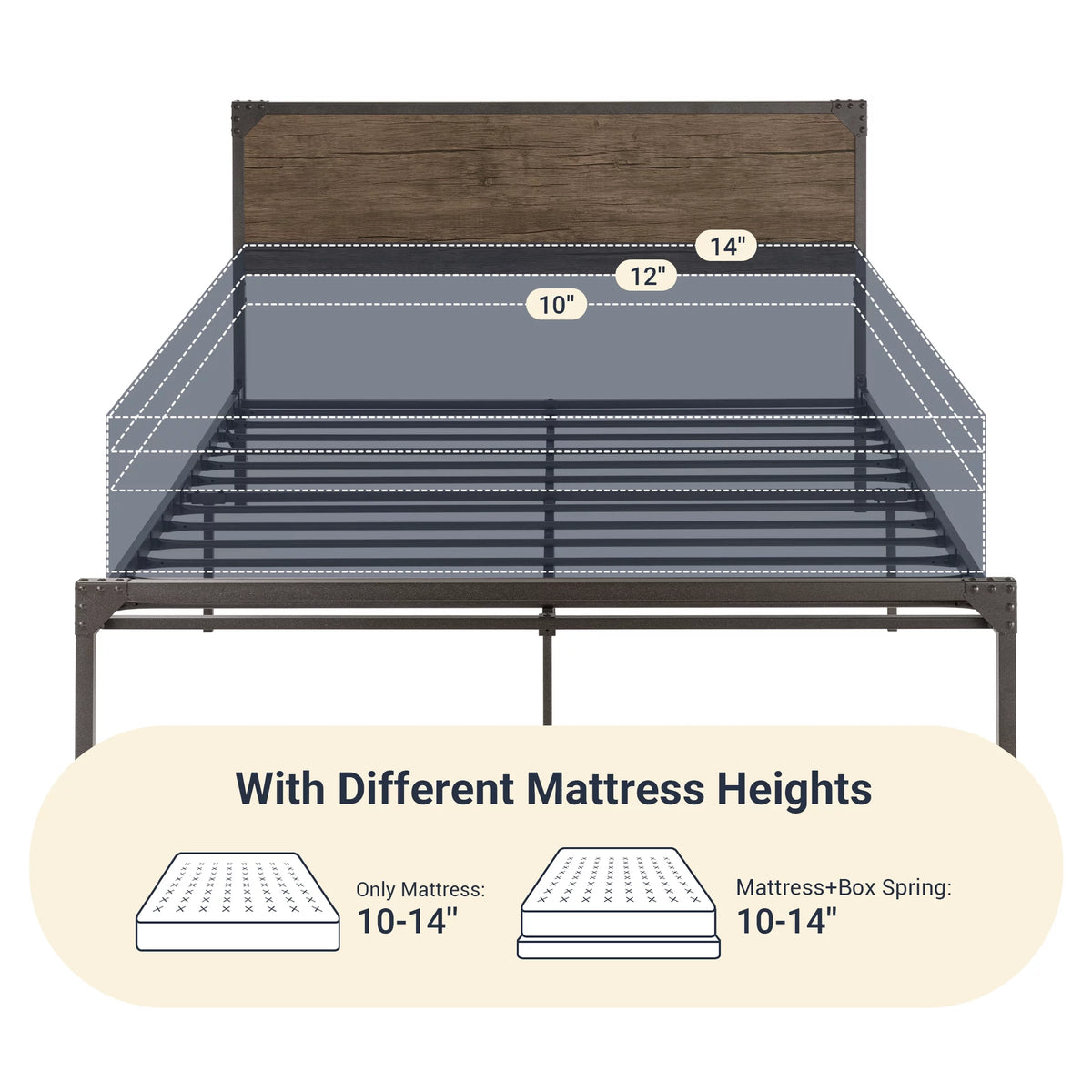 Queen Size Brown Metal Platform Bed Frame with Wooden Headboard B899