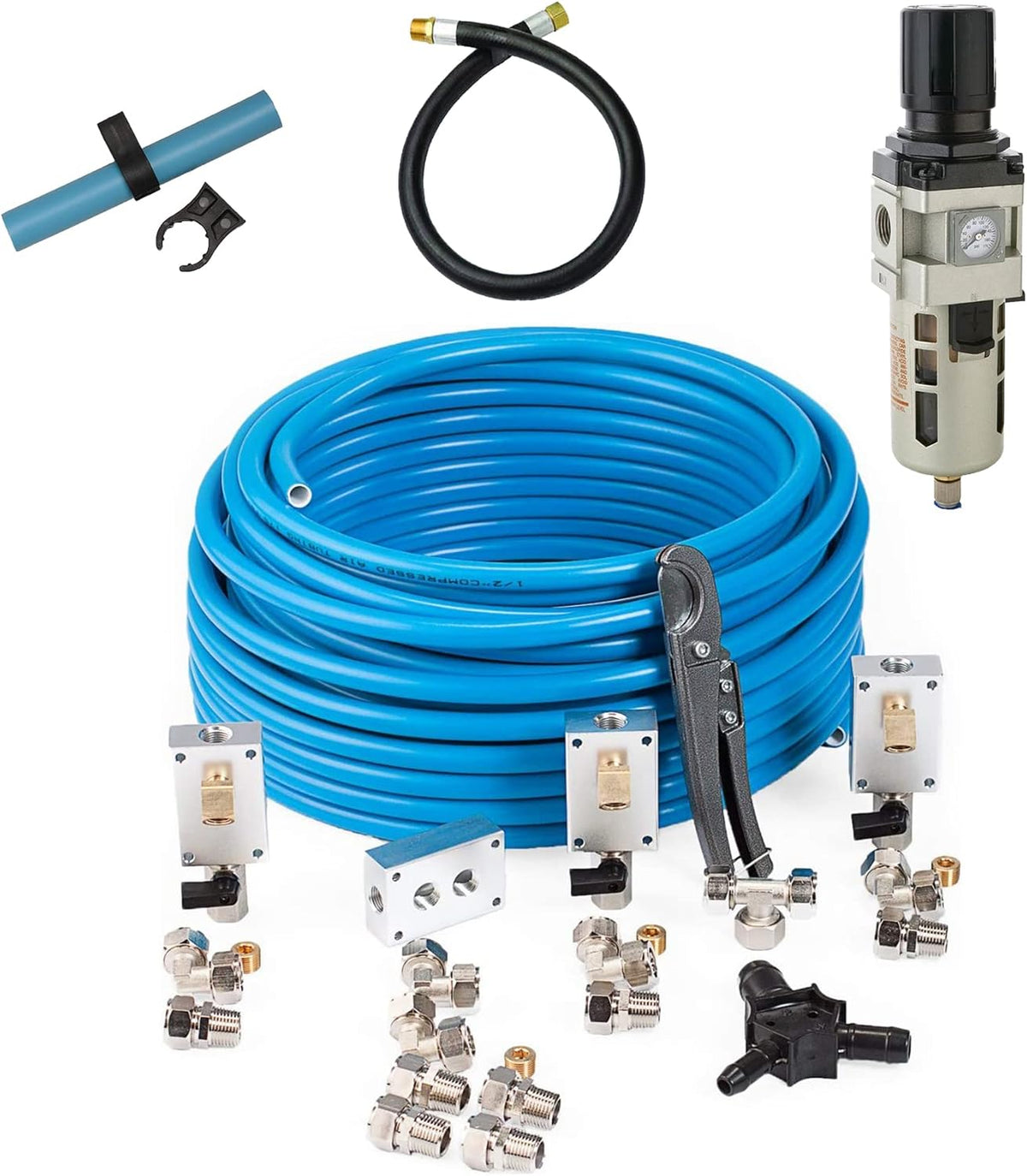 100 Foot 0.5 Inch Semi Flexible Compressed Air Tubing Accessories Master Kit with Filter Regulator and Gauge and 2 Foot Jumper Hose O412402