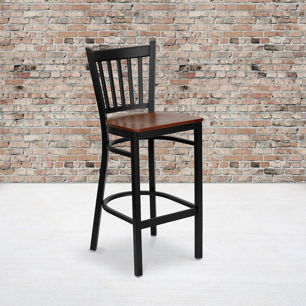 Black Vertical Back Metal Restaurant Barstool with Walnut Wood Seat C172