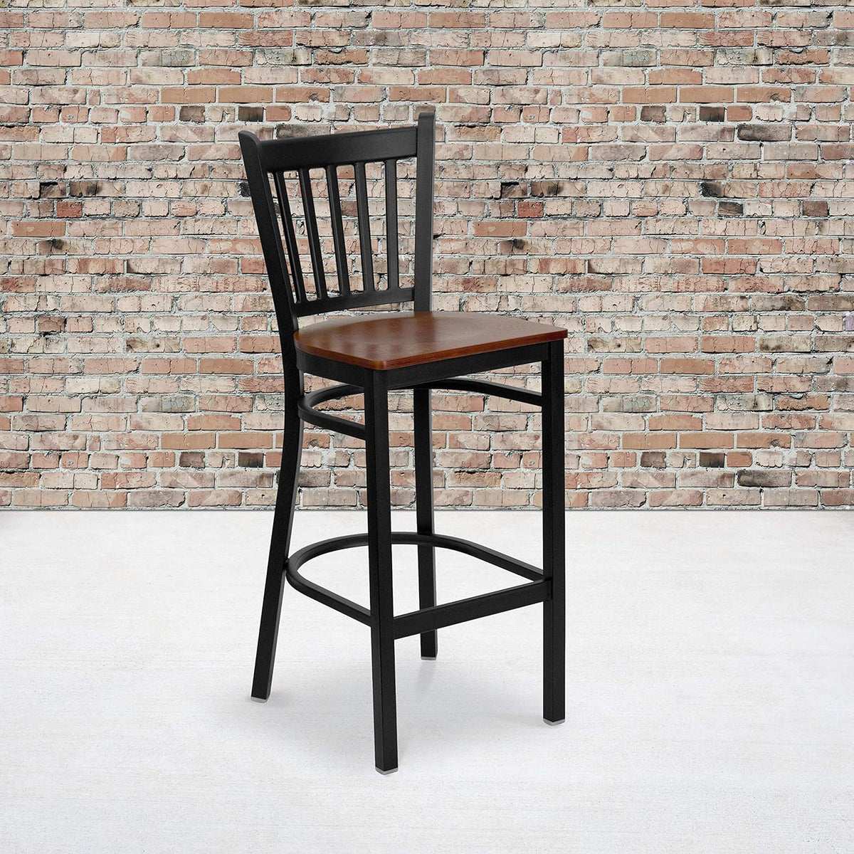Black Vertical Back Metal Restaurant Barstool with Walnut Wood Seat C172