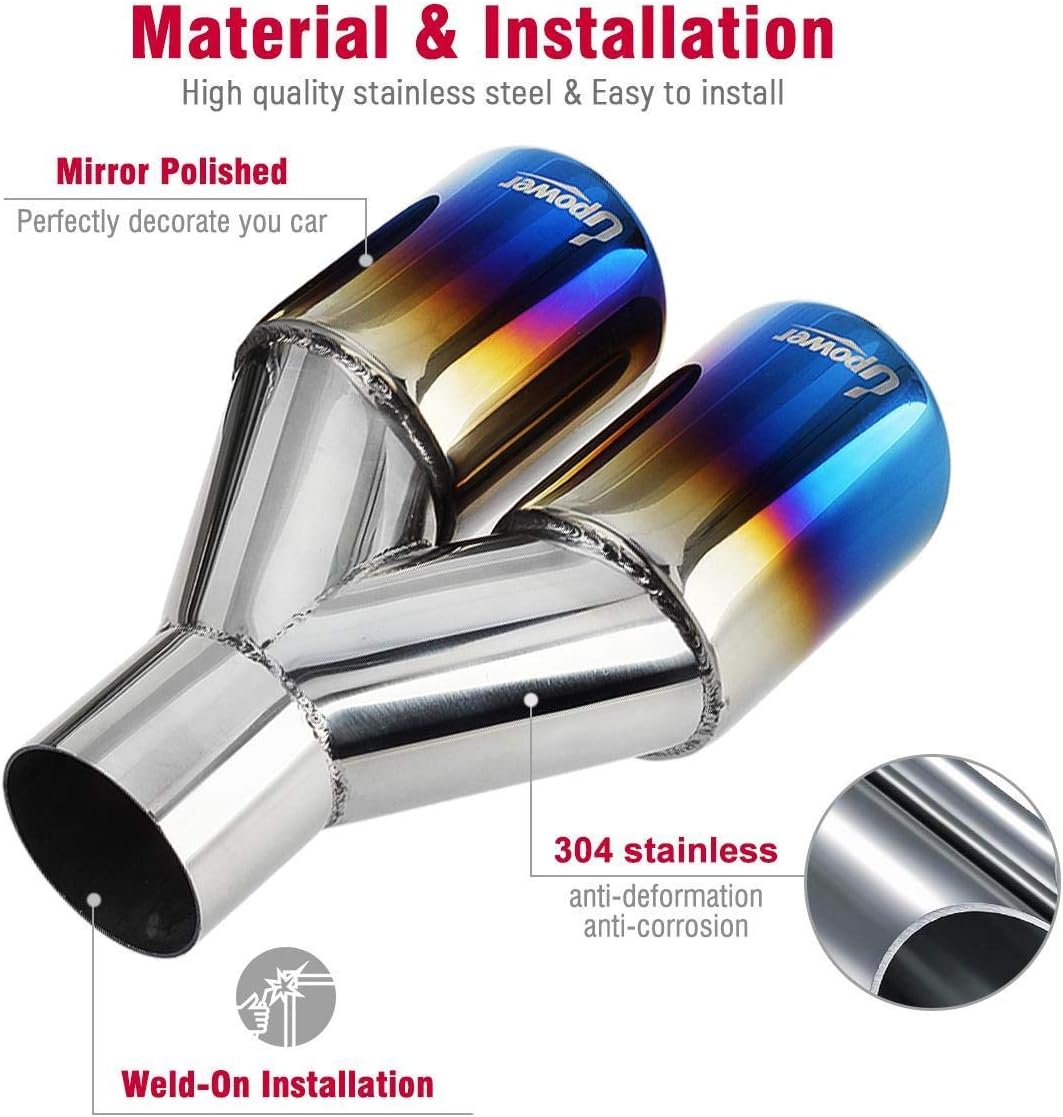 Dual Exhaust Tips 2.25 inch inlet 3 inch outlet 9.2" Long Blue 304 Polished Stainless Steel Weld on Exhaust Tailpipe Tips Pack of 2 O949780
