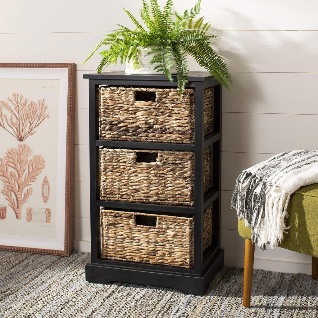 Distressed Black Wicker Basket Storage Side Table S987850