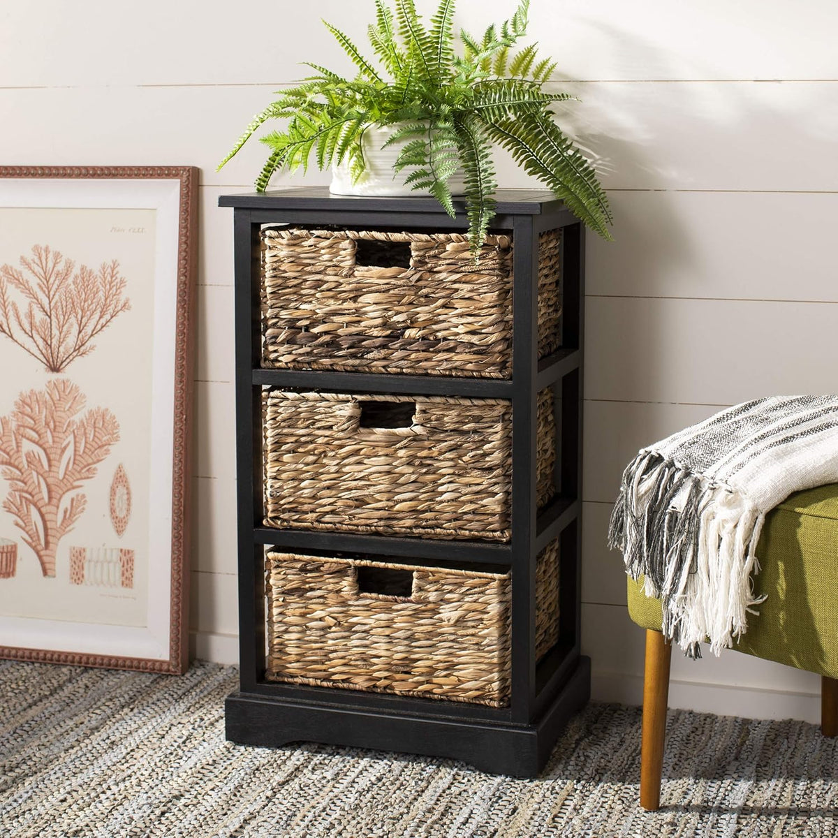 Distressed Black Wicker Basket Storage Side Table S987850