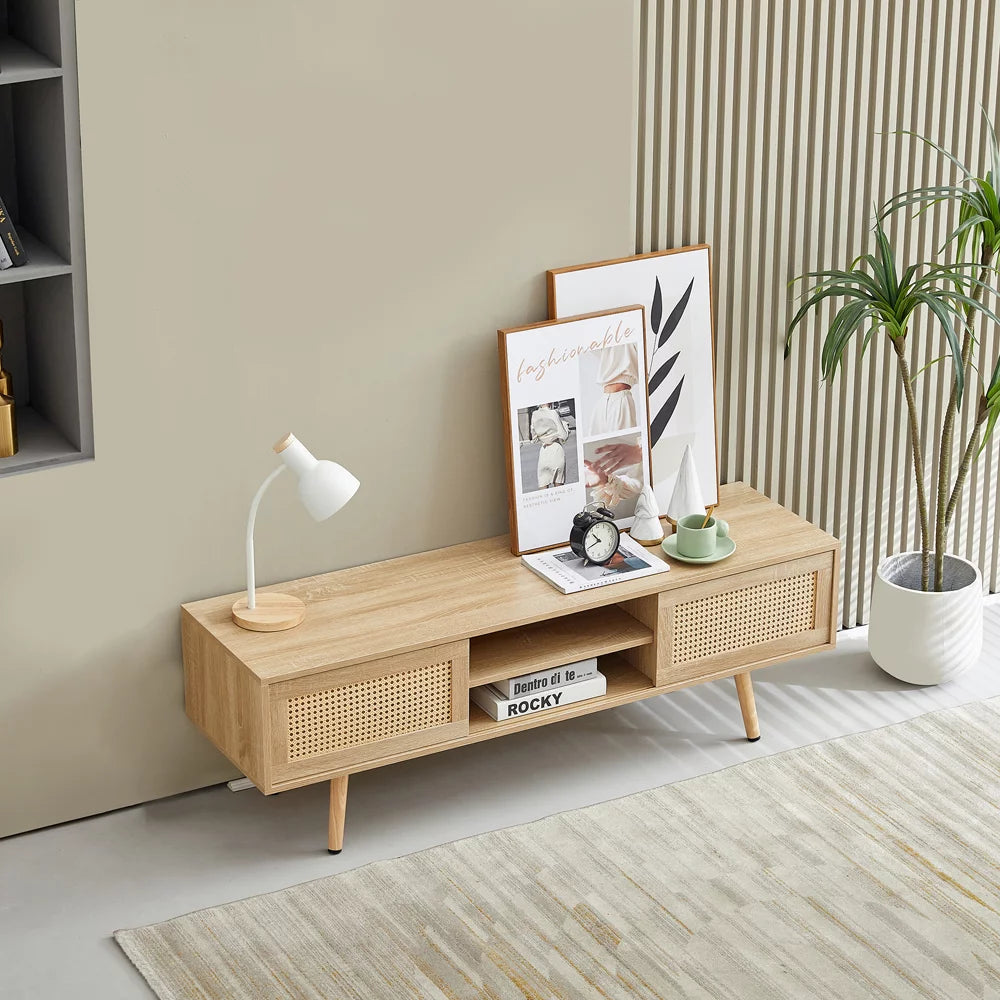 55 Inch Rattan TV Stand with Cabinet Storage U52369