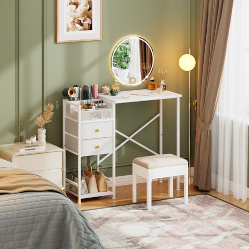 White Vanity Desk with 2 Fabric Drawers, 9 Compartments, Storage Shelves A262095