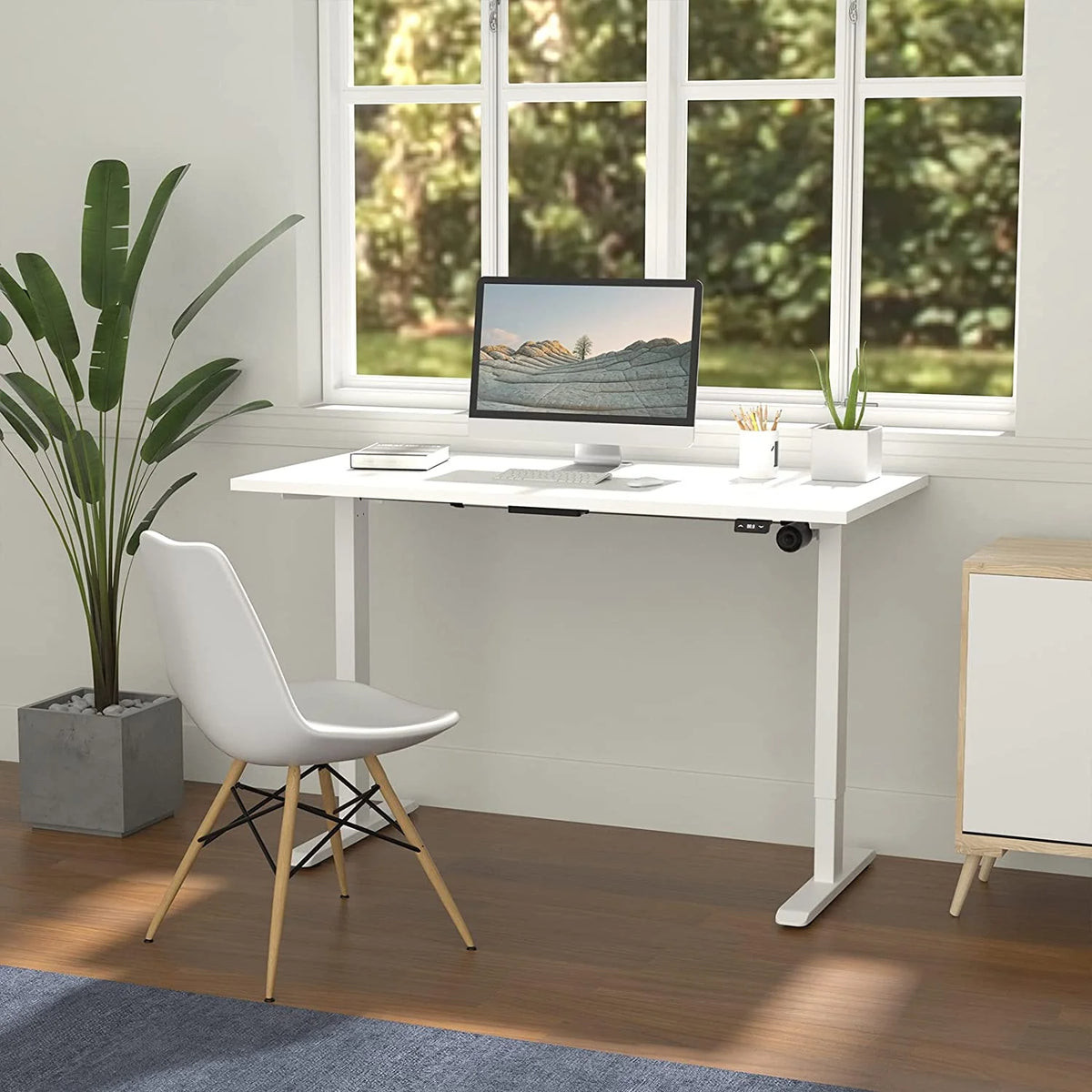 Electric Height Adjustable Desk with White Frame and White Top H434