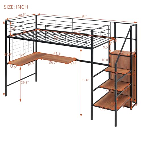 Twin Size Black Metal Loft Bed with Wardrobe and L-Shape Desk V31870