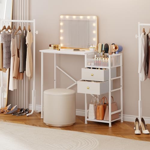White Vanity Desk with 2 Fabric Drawers, 9 Compartments, Storage Shelves A262095