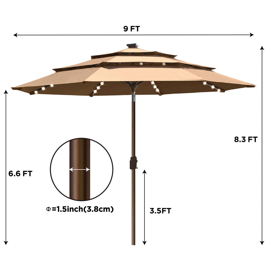 Tan 9ft 3 Tiers Market Umbrella with 80 LED Lights V6070