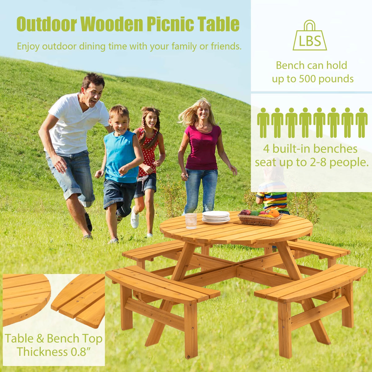 8-Person Wooden Picnic Table with 4 Built-in Benches L878195