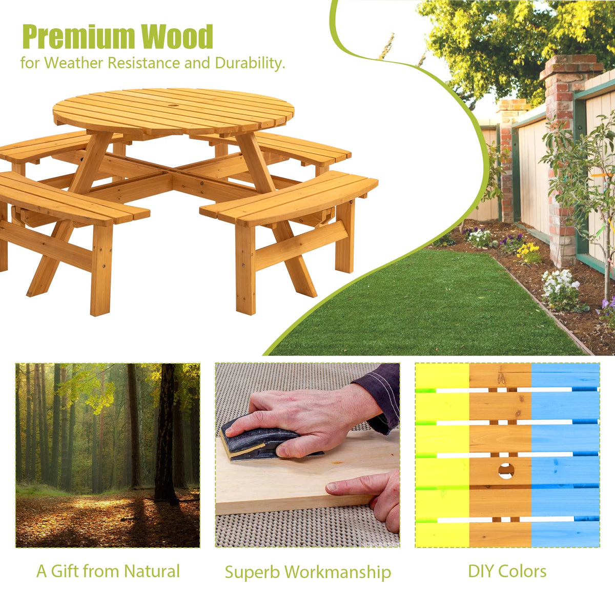 8-Person Wooden Picnic Table with 4 Built-in Benches L878195