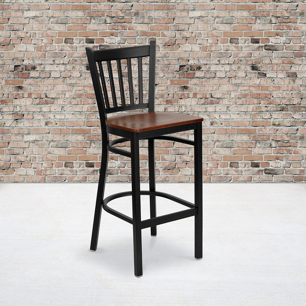 Black Vertical Back Metal Restaurant Barstool with Walnut Wood Seat C172