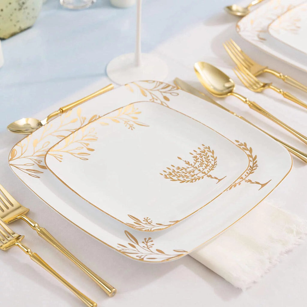 10" Square Plastic Plates with White Gold Design (60 Pack) Q1533