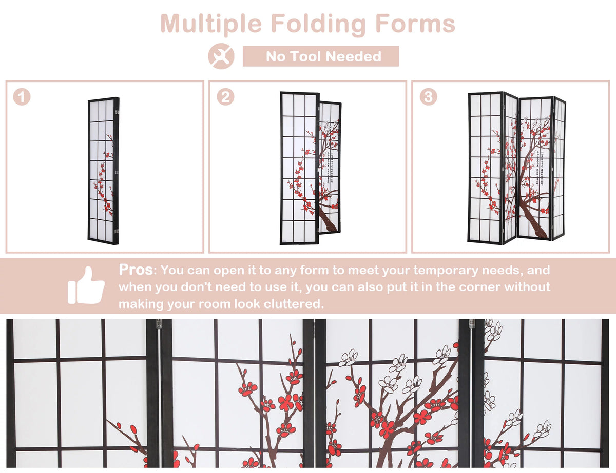 4 Panel 6Ft Wood Folding Privacy Screen U57778