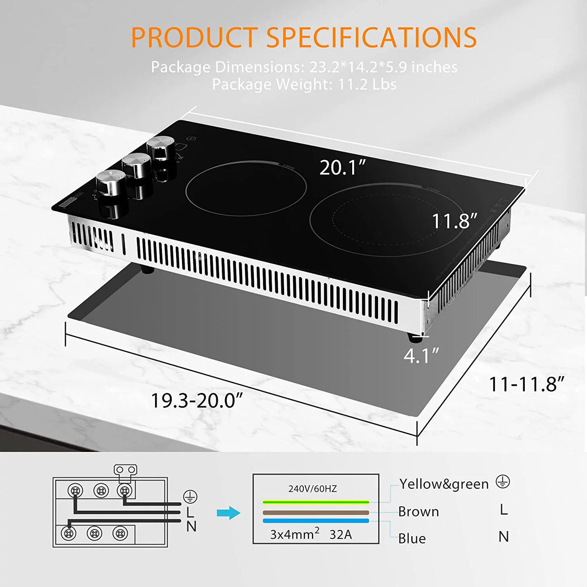 Electric Cooktop 2 Burner 220V Built-in Stove Top 11.5 Inch 3400W S551627