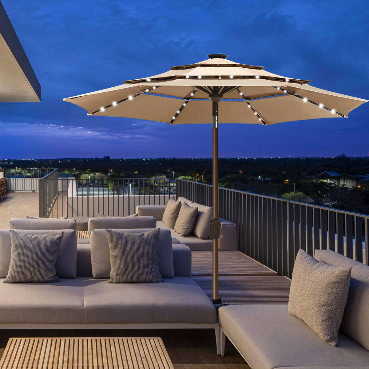 Tan 9ft 3 Tiers Market Umbrella with 80 LED Lights V6070
