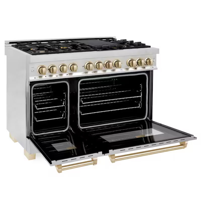 48 in. 7 Burner Double Oven Dual Fuel Range in Stainless Steel and Polished Gold S248