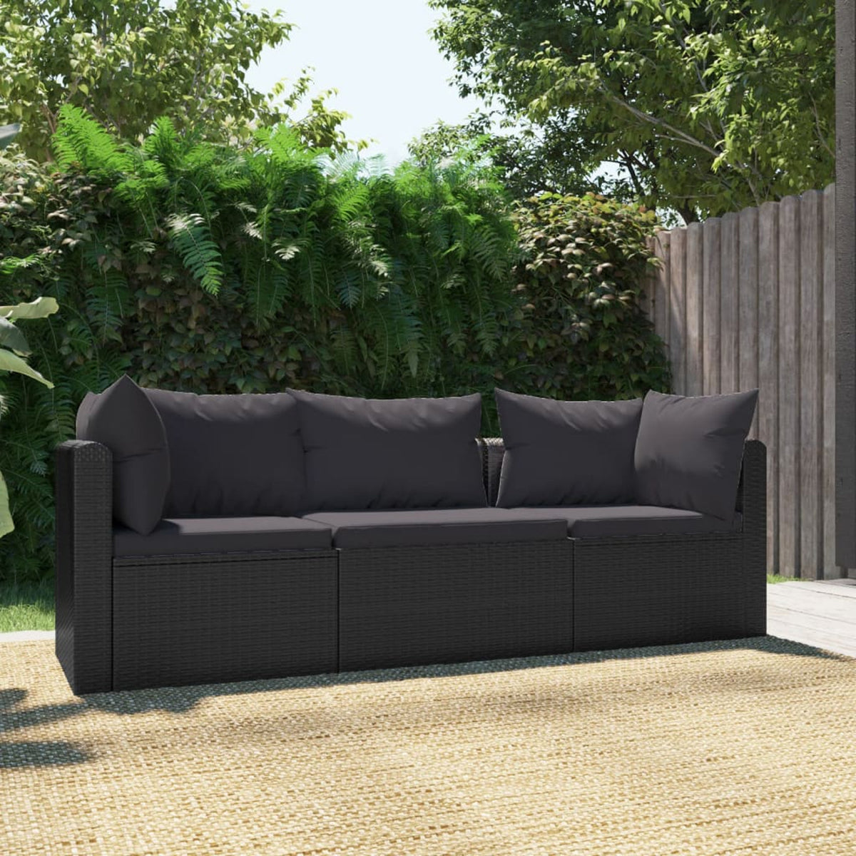 Black Poly Rattan 3 Piece Patio Sofa Set with Cushions O7843