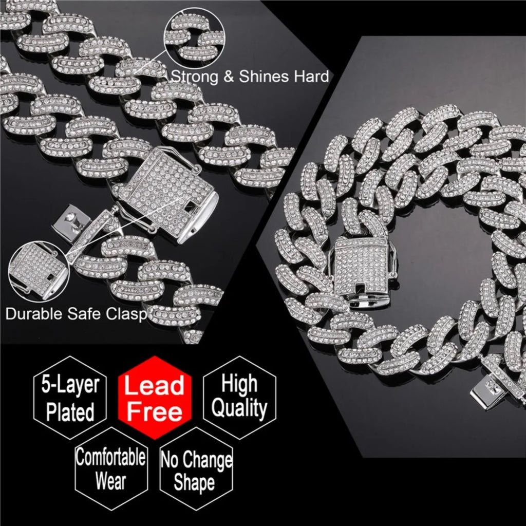 19MM Zircon Cuban Chain Necklace Bracelet Set 24" Y50026