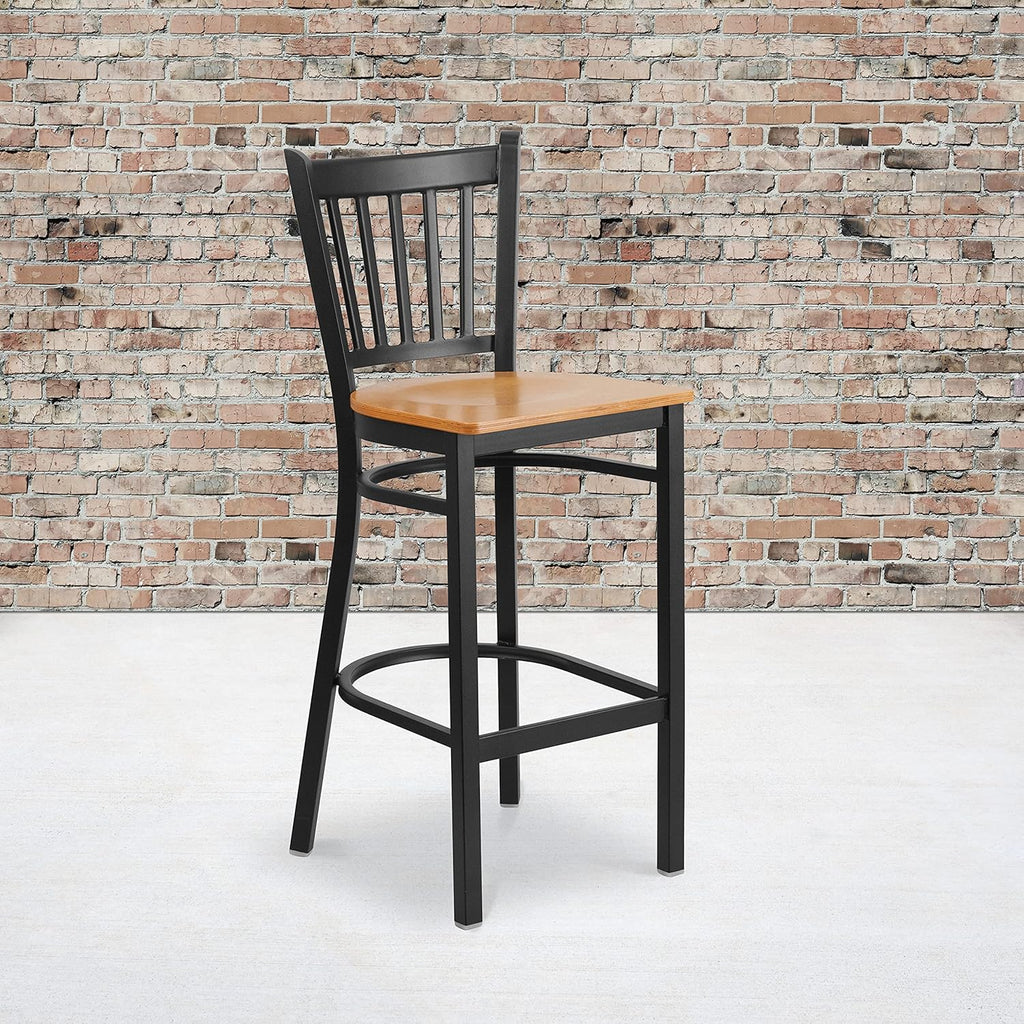 Black Vertical Back Metal Restaurant Barstool with Walnut Wood Seat C172