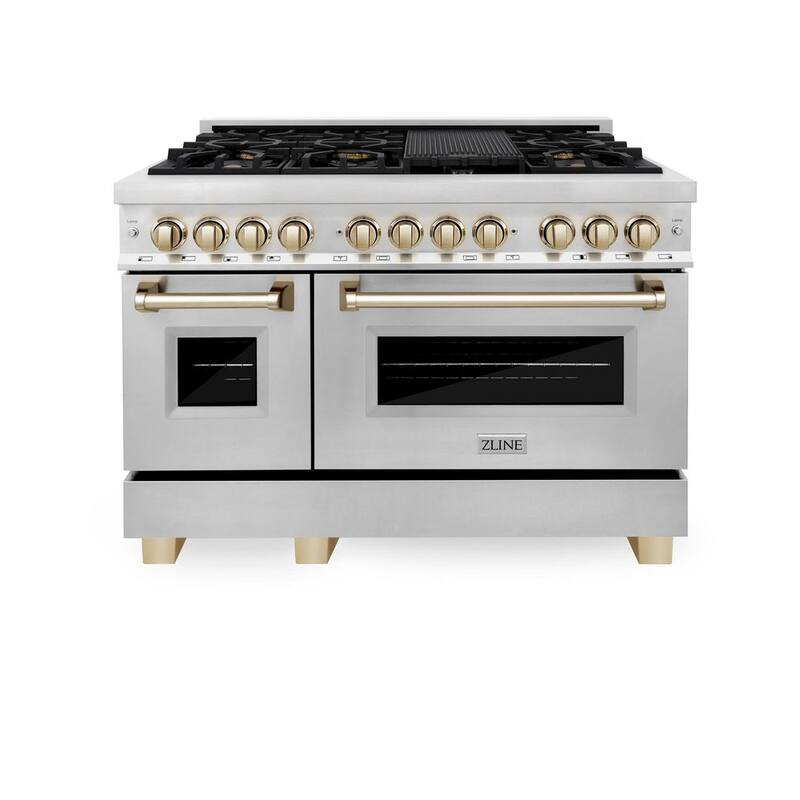 48 in. 7 Burner Double Oven Dual Fuel Range in Stainless Steel and Polished Gold S248
