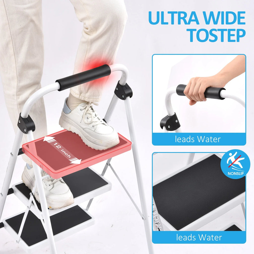 3 Step Folding Step Stool with Handrail White W595727