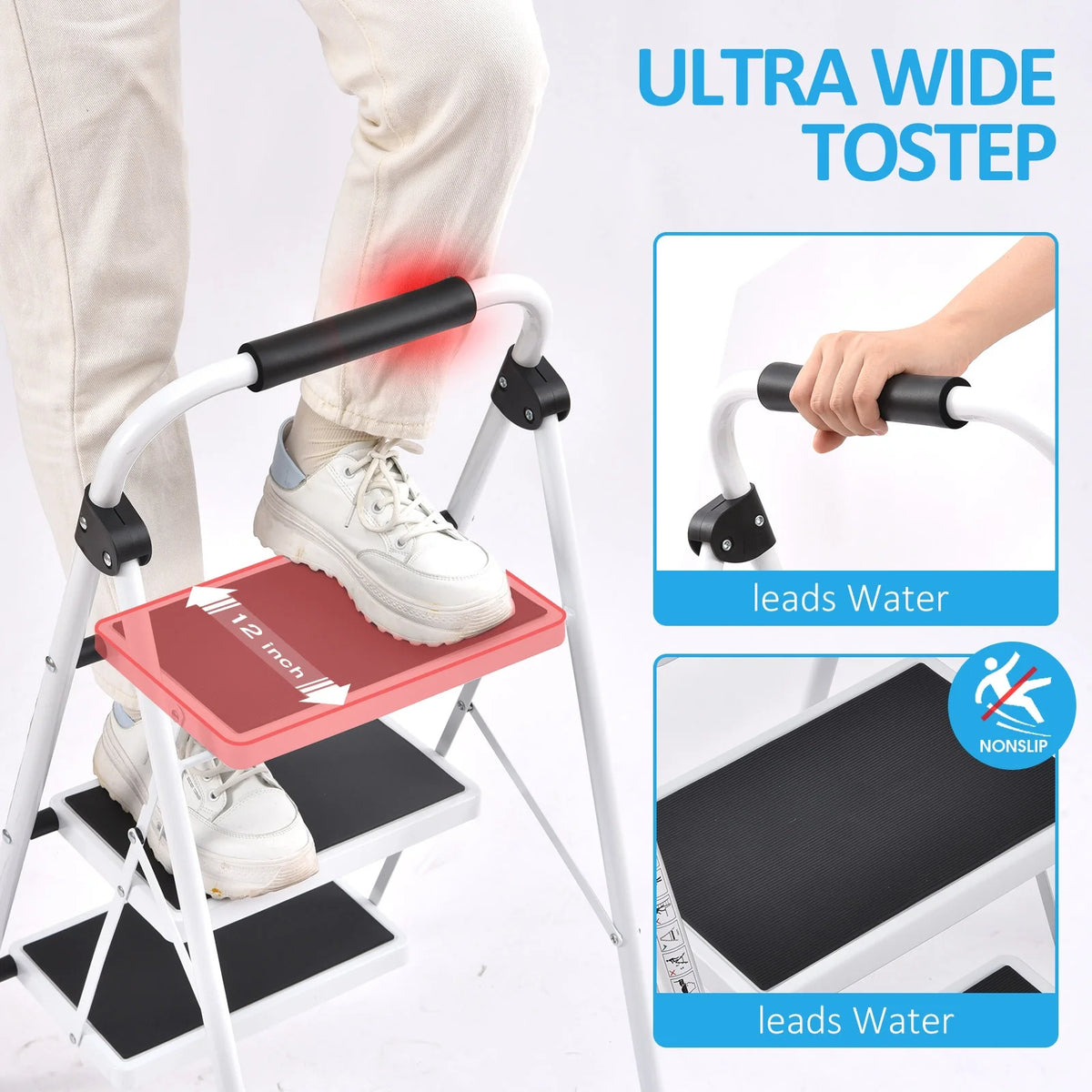 3 Step Folding Step Stool with Handrail White W595727