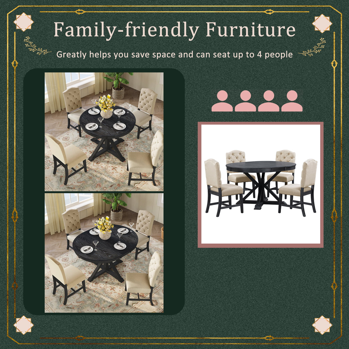 5 Piece Espresso Round Wood Dining Table Set with 4 Upholstered Chairs Y500225