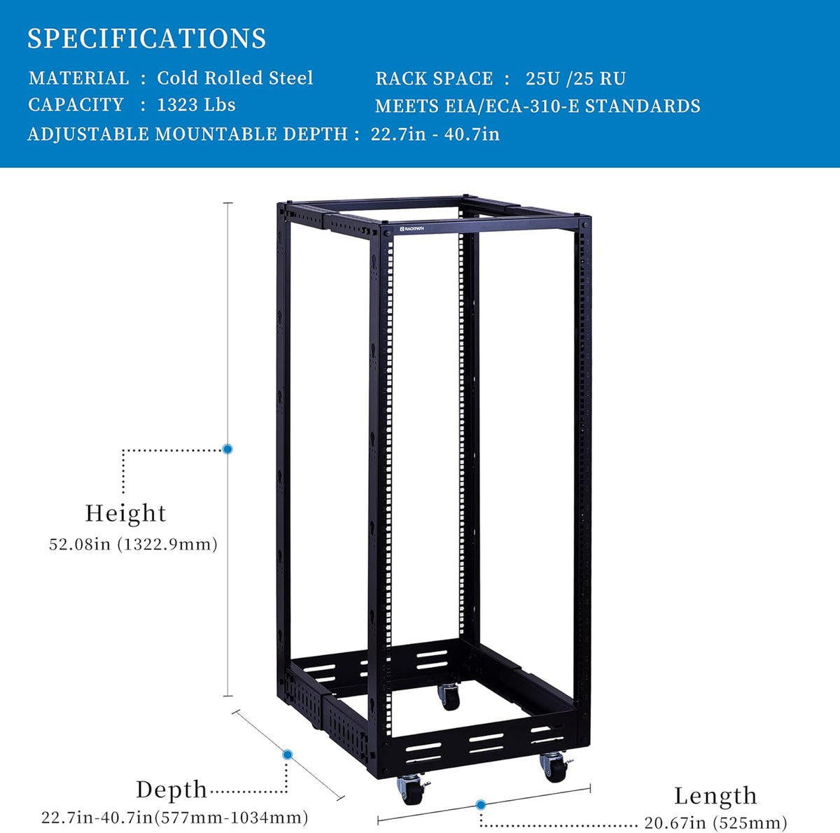 25U Open Frame Server Rack, 4 Post Adjustable Depth with Casters V282