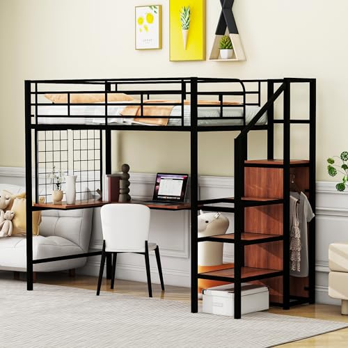 Twin Size Black Metal Loft Bed with Wardrobe and L-Shape Desk V31870